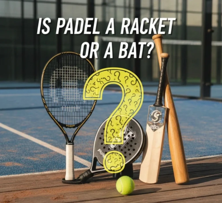 A tennis racket, a padel racket, a cricket bat, and a baseball bat standing on a sports court.