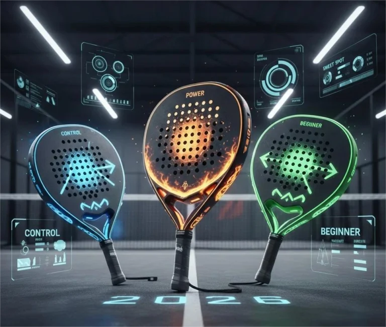 Three futuristic padel rackets (Control, Power, Beginner) glowing in blue, orange, and green on a court with 2026 digital overlays.