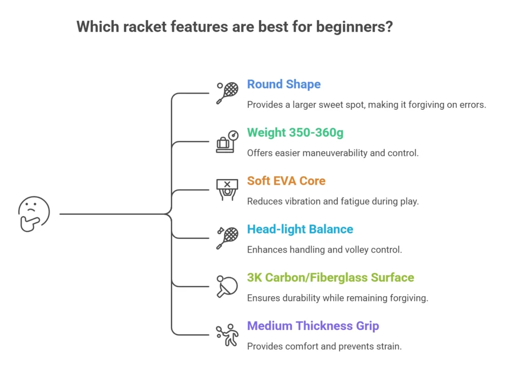 nfographic listing 6 padel racket features for beginners: Round Shape, 350-360g Weight, Soft EVA Core, Head-light Balance, 3K Carbon/Fiberglass, and Medium Grip