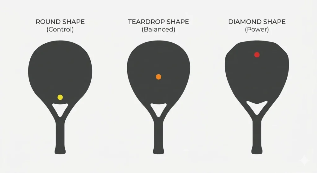 Infographic comparing three padel racket shapes: Round (Control), Teardrop (Balanced), and Diamond (Power), with color-coded sweet spot indicators.