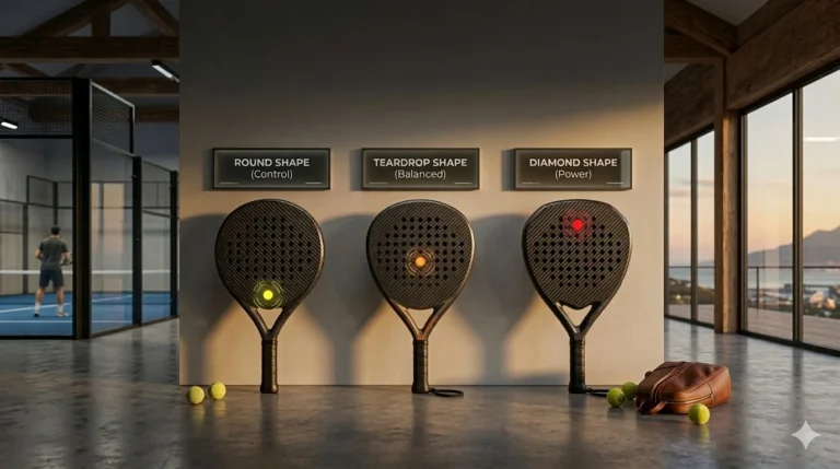 Three carbon fiber padel rackets displayed against a wall, labeled Round Shape (Control), Teardrop Shape (Balanced), and Diamond Shape (Power) with glowing sweet spot indicators.