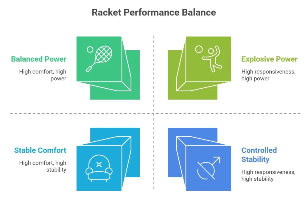 A matrix comparing Padel racket performance: Balanced Power, Explosive Power, Stable Comfort, and Controlled Stability for different player styles in 2026.