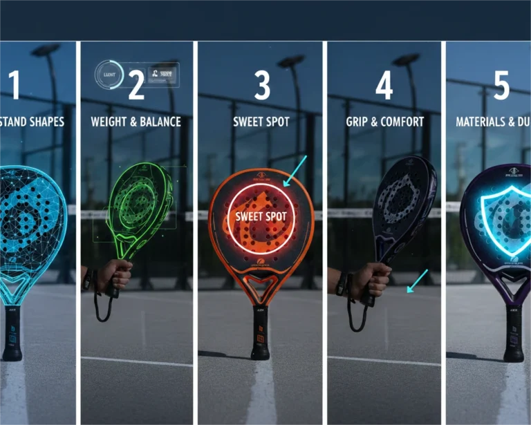 A 5-step guide of padel rackets showing Shapes, Weight & Balance, Sweet Spot, Grip, and Materials.