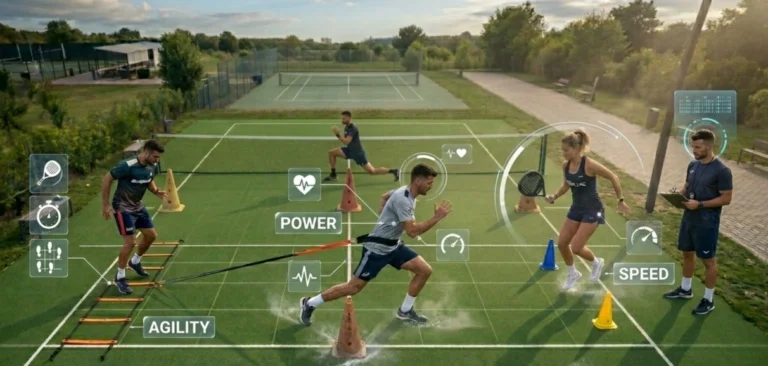An outdoor padel training session showing players performing ladder drills, resistance sprints, and cone agility work with a coach.