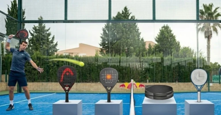 A technical display of diamond, teardrop, and round padel rackets on pedestals with highlighted sweet spots and player action.