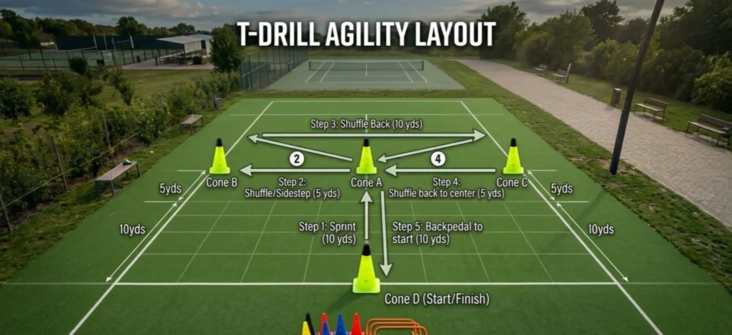 An overhead diagram of a green turf court showing a T-drill setup with cones, sprint paths, and shuffle directions.