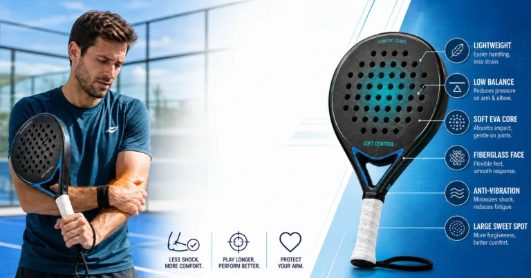 A technical graphic showing a player with elbow pain next to a Comfort Series padel racket highlighting its soft EVA core and anti-vibration features.