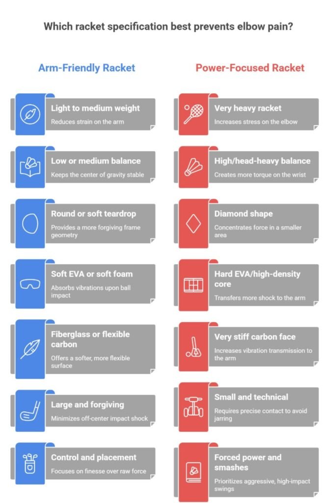 A technical infographic comparing arm-friendly padel racket specs, like soft EVA and low balance, against power-focused features.