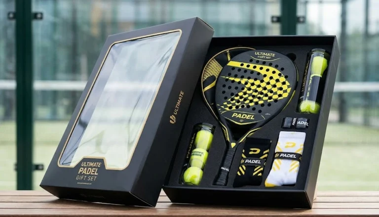 A luxury black and gold padel gift set featuring a carbon fiber racket, two tubes of balls, performance socks, and an overgrip.